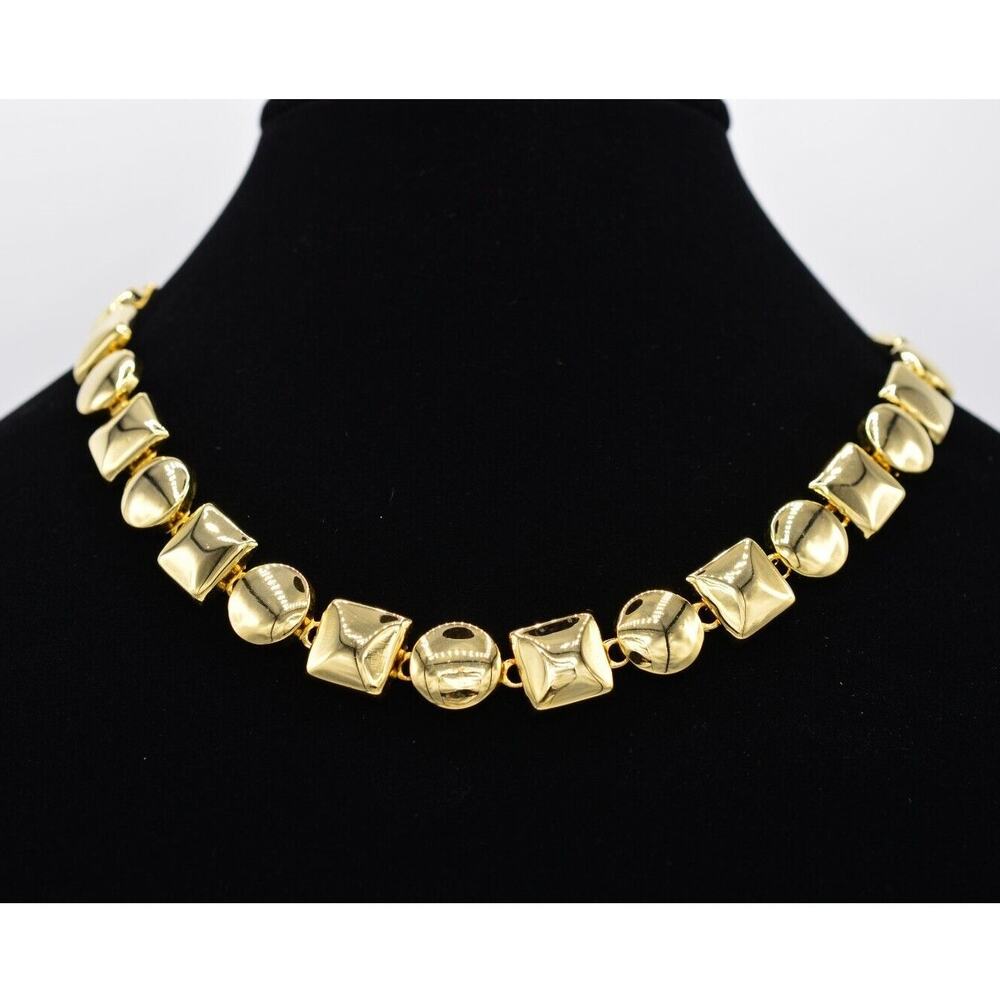 Vintage Chunky Geometric Collar Statement Necklace Shiny Gold Linked 1980s BinN